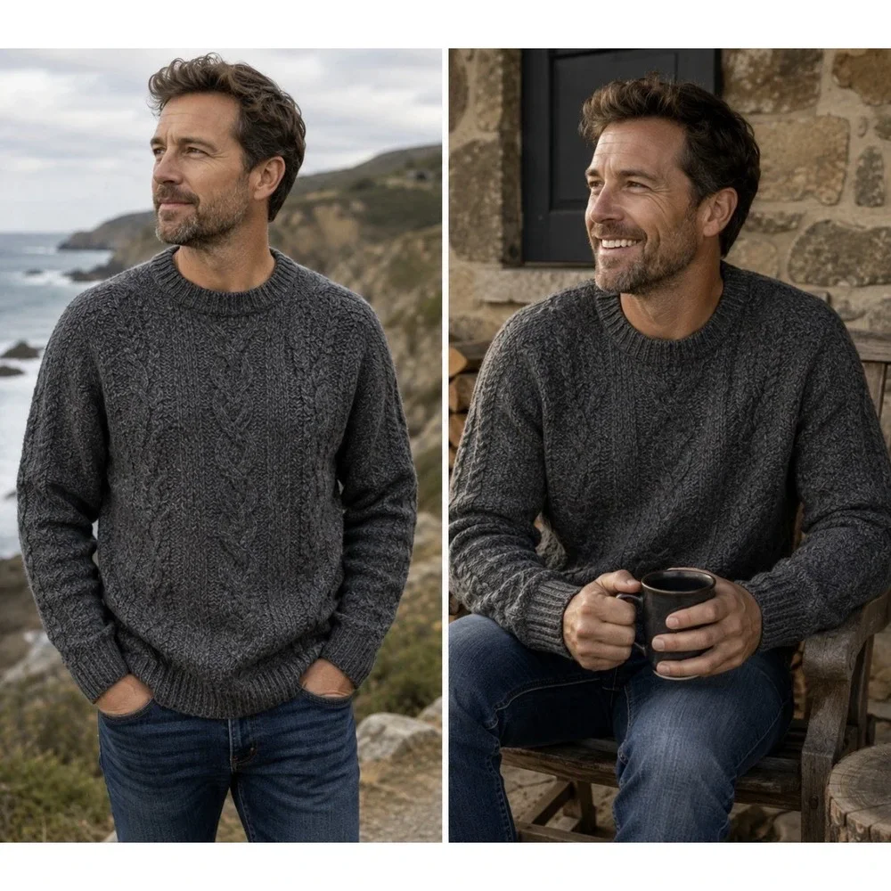 Men's Vintage 100% Wool J. Crew Charcoal Gray Cable Knit Crewneck Sweater Sz L